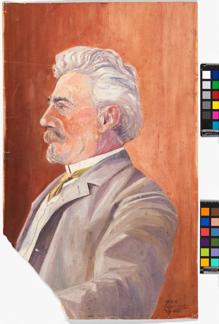 Porträtt av Leopold Czihaczek mot röd bakgrund av Egon Schiele