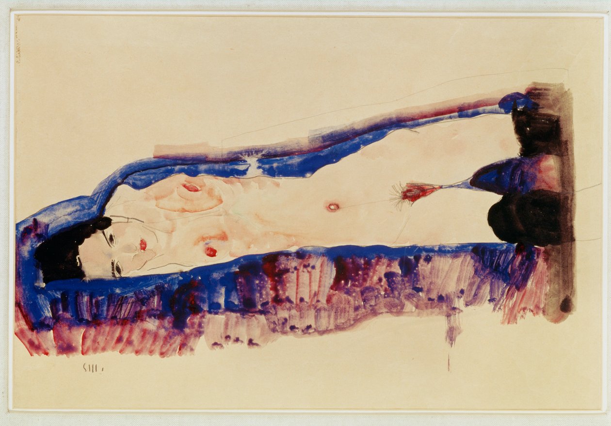 Liggande naken med svarta strumpor ... (akvarell och blyerts) av Egon Schiele