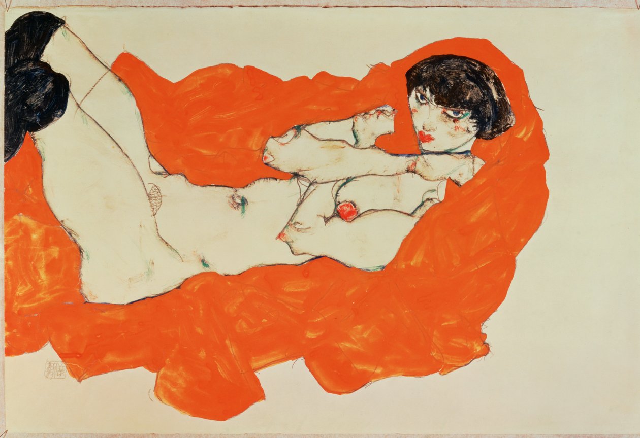 Liggande kvinnlig naken på rött tyg - Liggande ... (gouache och svart krita) av Egon Schiele