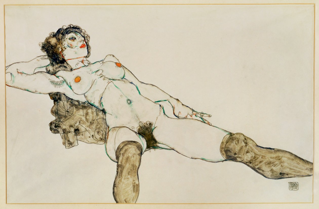 Liggande kvinnlig naken med särade ben ... (gouache och blyerts) av Egon Schiele