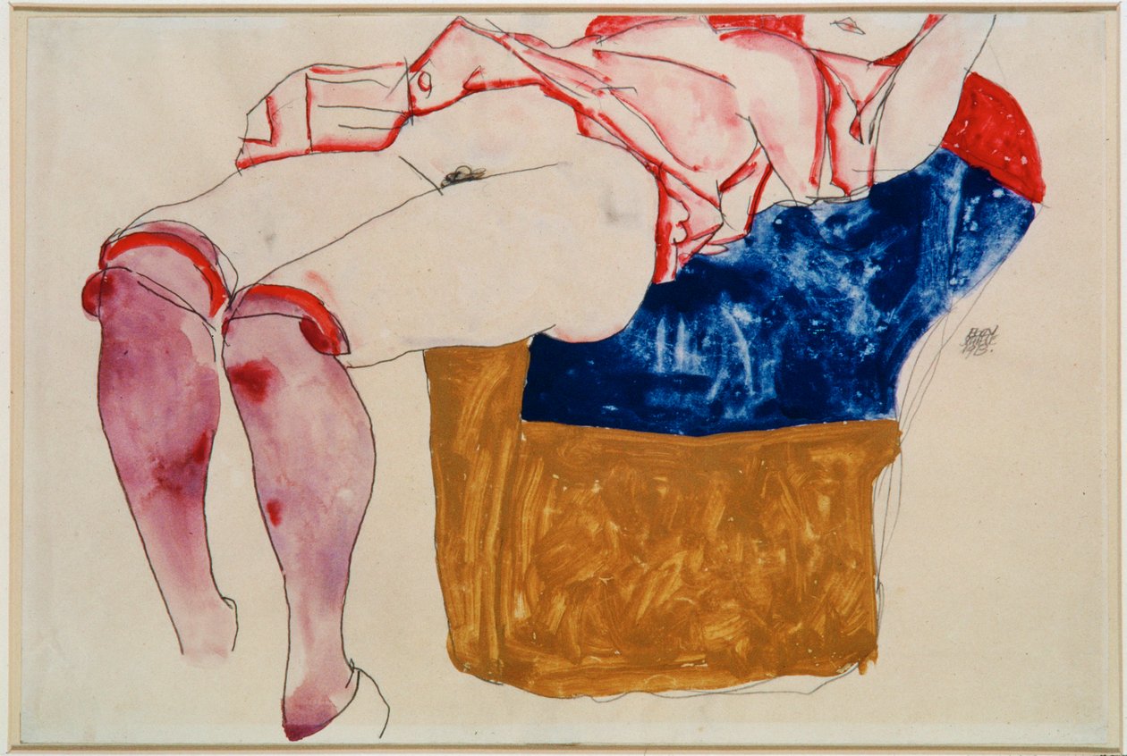Liggande flicka med violetta strumpor [Liggande ... (gouache, akvarell och blyerts) av Egon Schiele