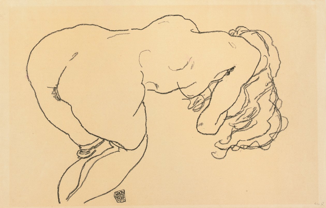 Långhårig naken, framåtlutad, bakifrån; Langhaariger Akt, vornubergebeugt, Ruckenansicht, 1918 av Egon Schiele