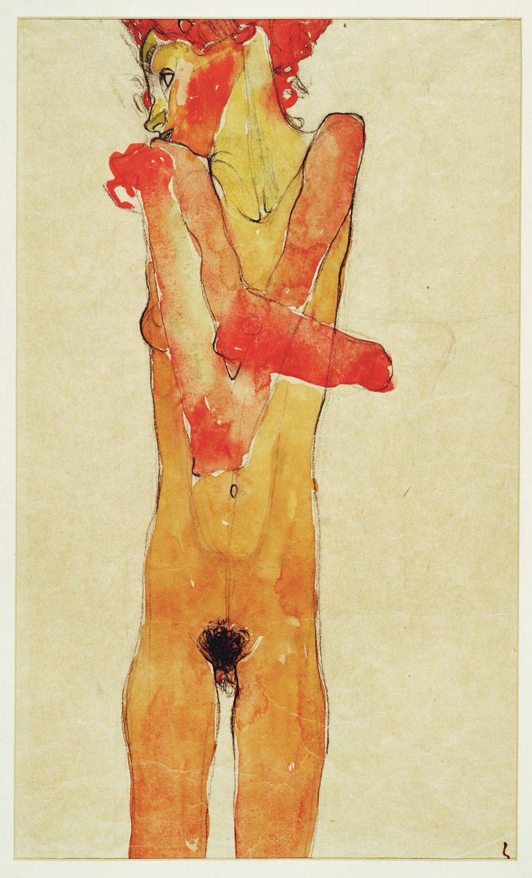 Maedchenakt mit verschraenkten Armen (naken flicka med ... (akvarell och kol) av Egon Schiele
