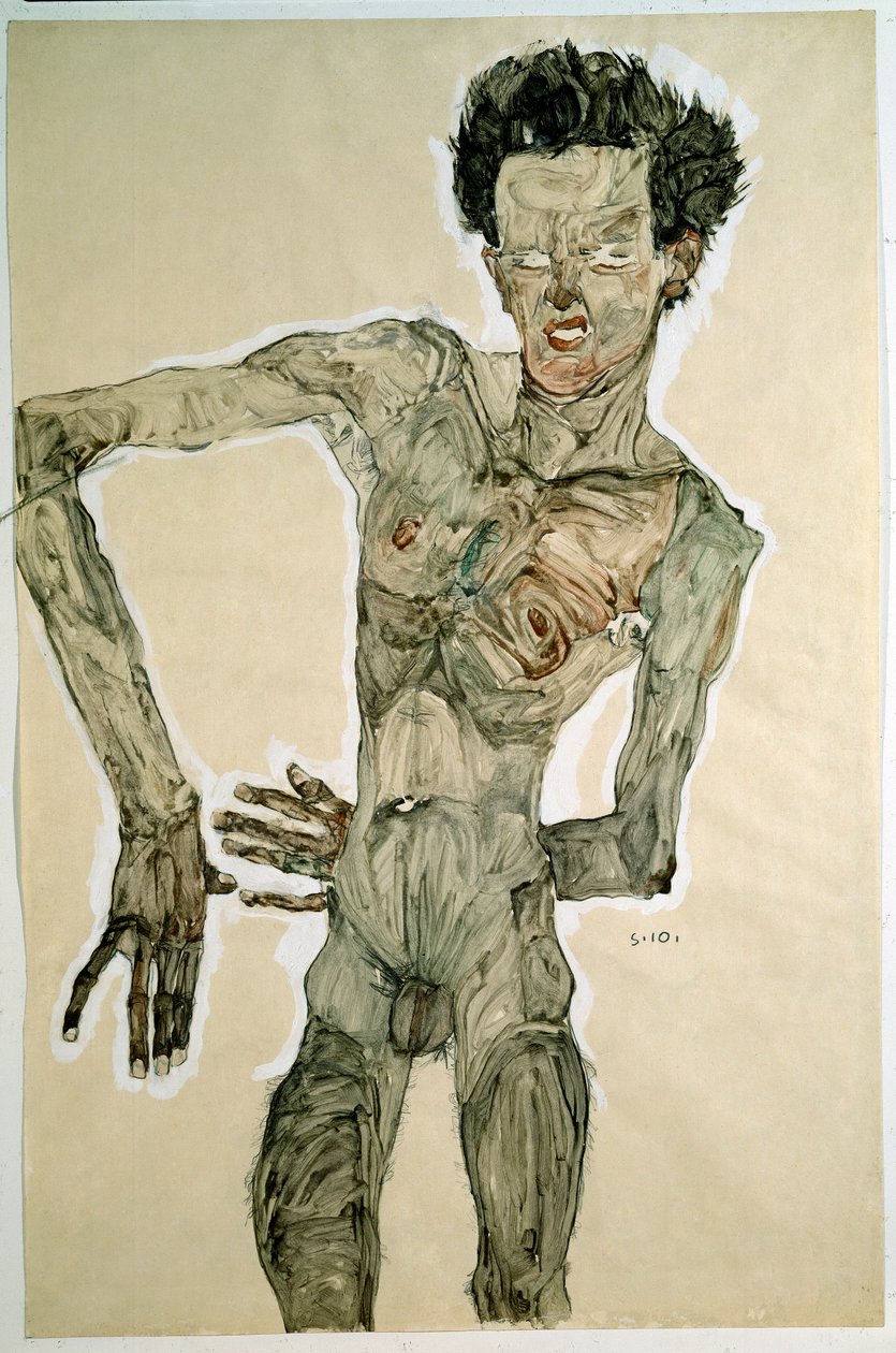 Naken man (självporträtt). Teckning av Egon Schiele (1890-1918), 1910. Blyertspenna, akvarell och tempera på papper. Mått: 55,7x36,8cm. Wien, Graphische Sammlung Albertina av Egon Schiele