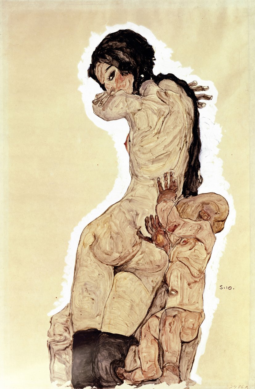 Mamma och barn. (Mamma och barn). Verk av Egon Schiele (1890-1918), akvarell och gouache på papper av Egon Schiele