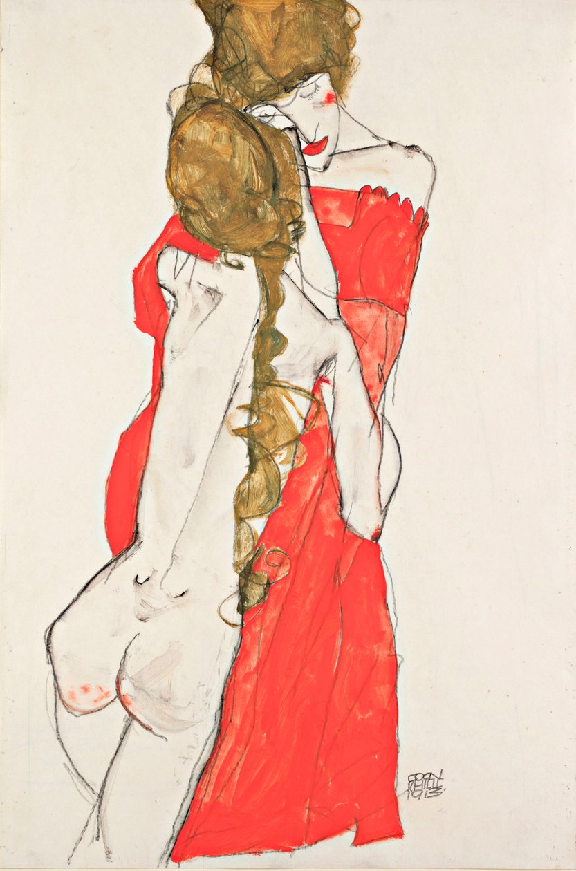 Mor och dotter - Verk av Egon Schiele (1890-1918), gouache på papper av Egon Schiele