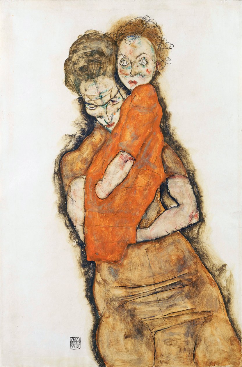Mor och barn - Schiele, Egon (1890-1918) - 1914 - Svart krita, Gouache på papper - 48,2x31,9 - Leopold Museum, Wien av Egon Schiele