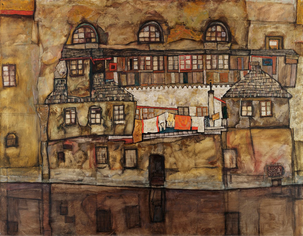 Mur av hus vid floden - Målning av Egon Schiele (1890-1918), olja på duk av Egon Schiele