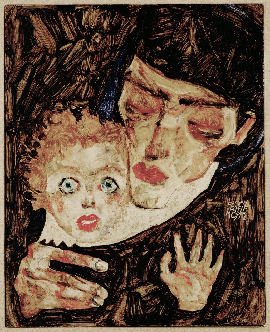 Mutter und Kind II (olja på trä) av Egon Schiele