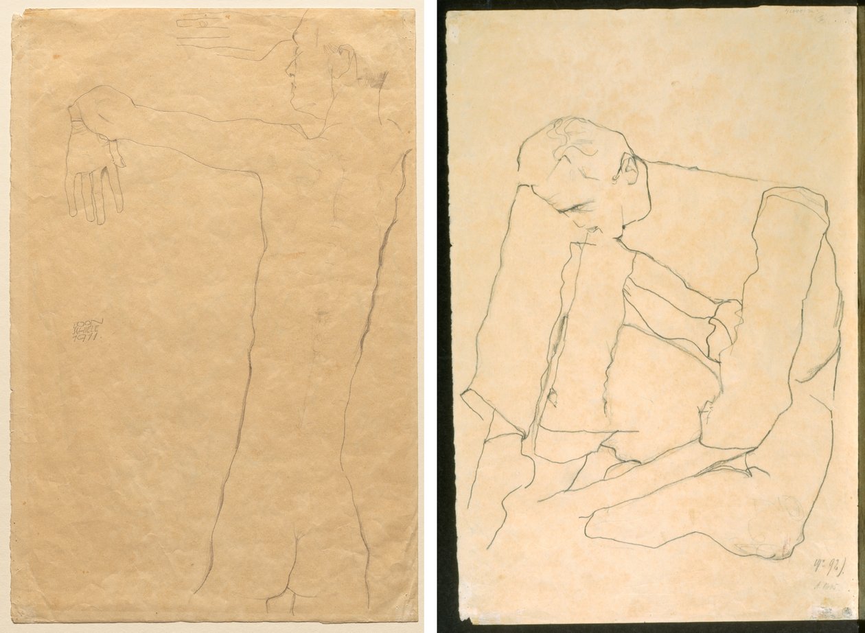 Naken man med upphöjda armar (recto) Sittande man (verso) av Egon Schiele