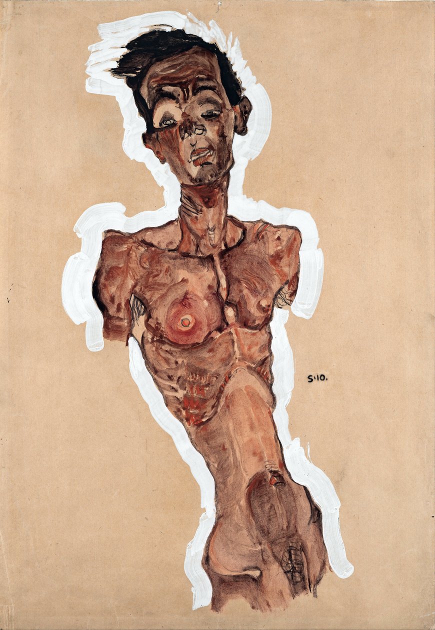 Naken självporträtt - Schiele, Egon (1890-1918) - 1910 - Svart krita, Gouache på papper - 44,9x31,3 - Leopold Museum, Wien av Egon Schiele