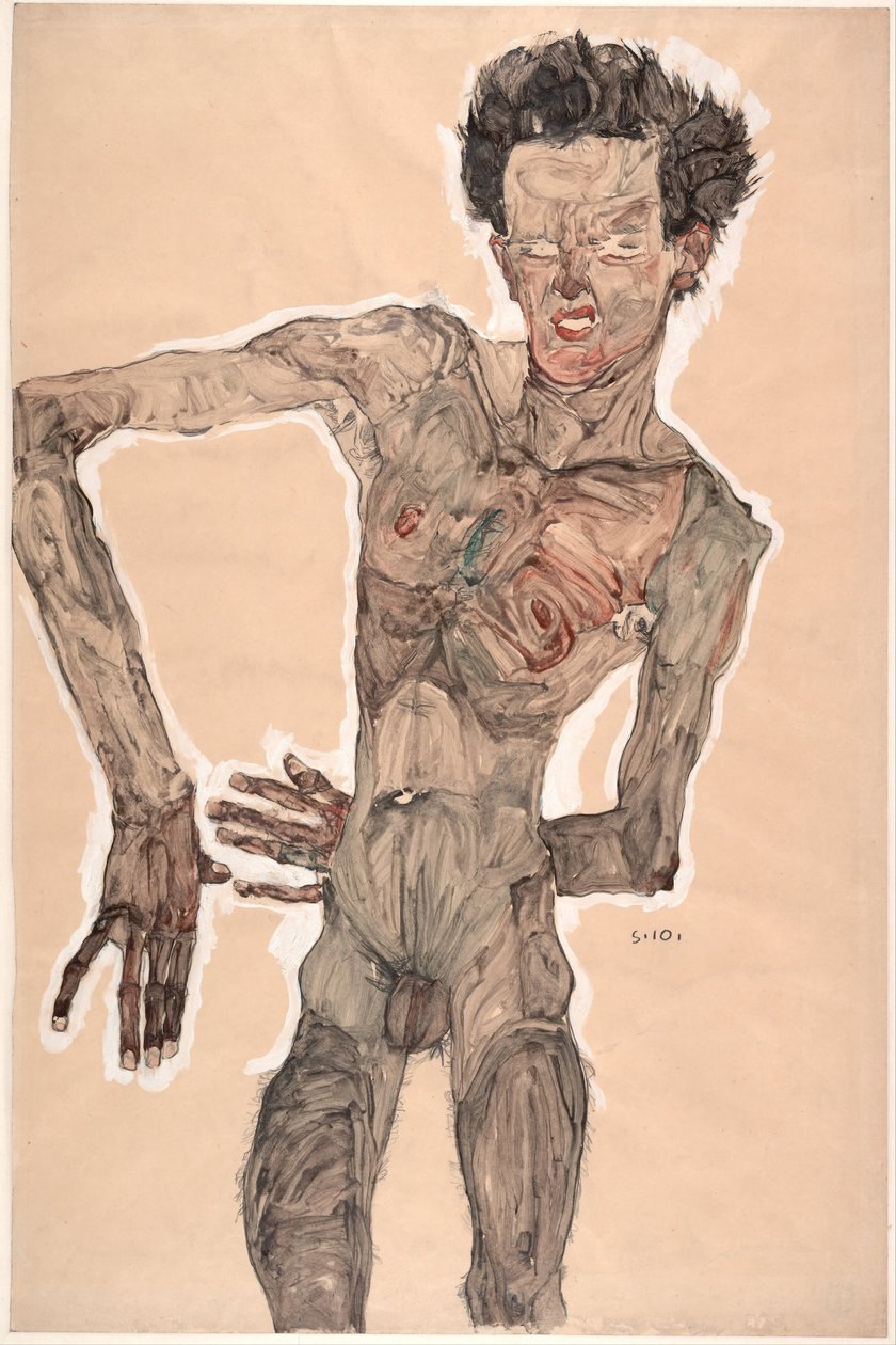 Naken självporträtt, grimaserande, 1910 av Egon Schiele