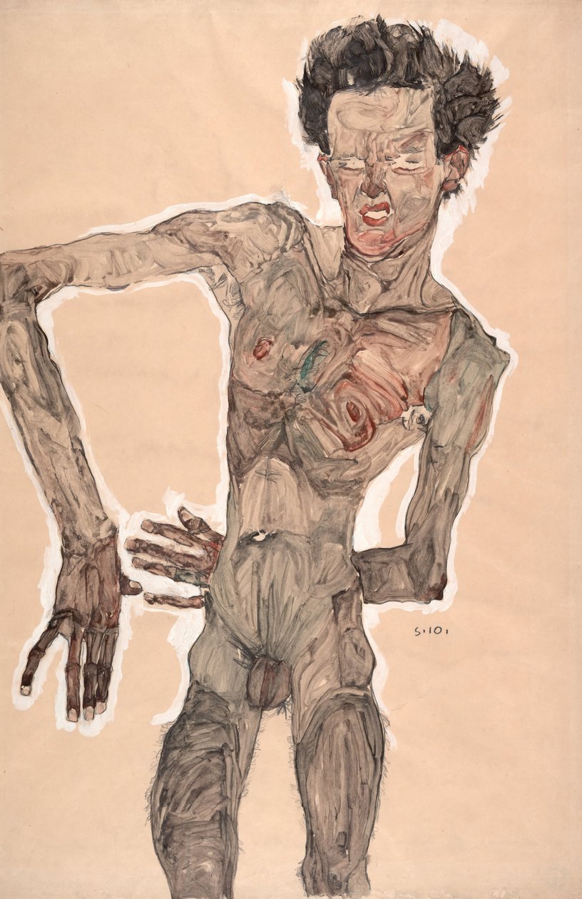 Naken självporträtt, grimaserande av Egon Schiele