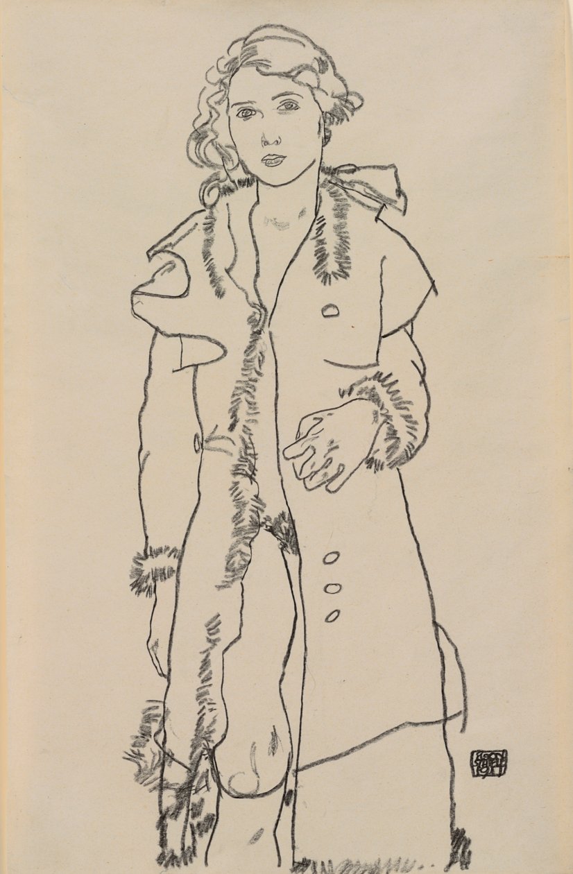 Naken med pälsklippt päls; Naken flicka med pälsklippt päls, 1917 av Egon Schiele