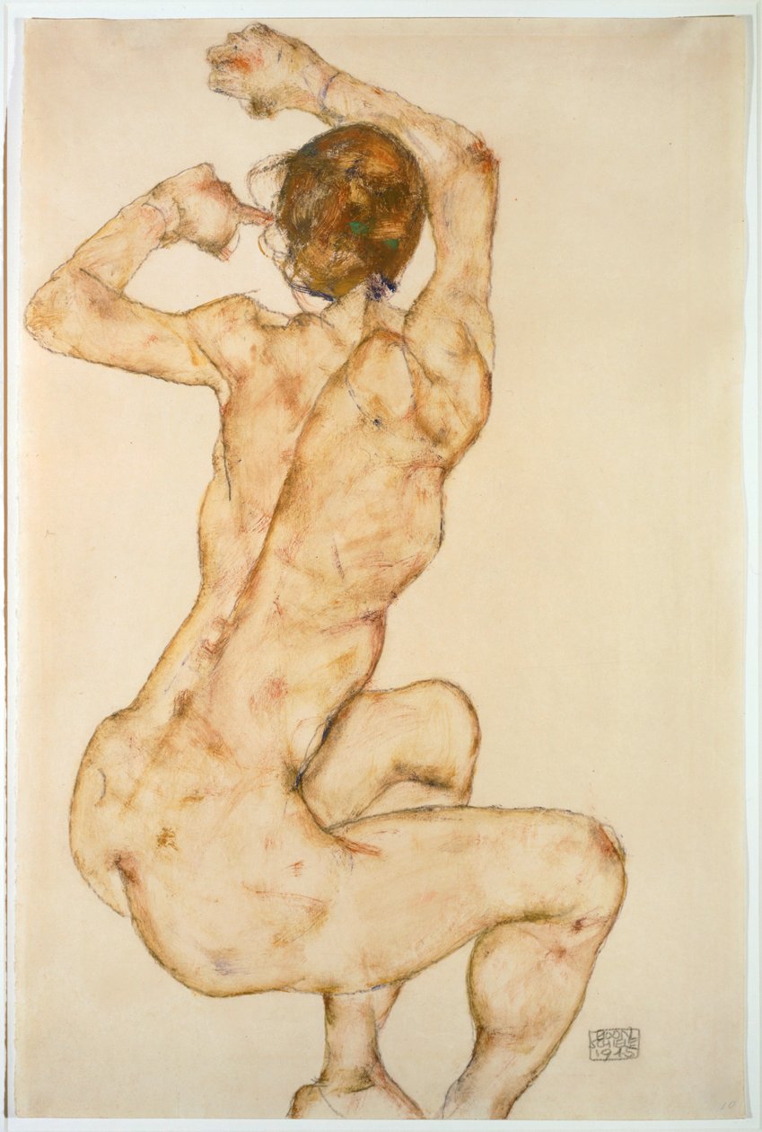 Naken med uppsträckta armar ... (gouache och blyerts) av Egon Schiele