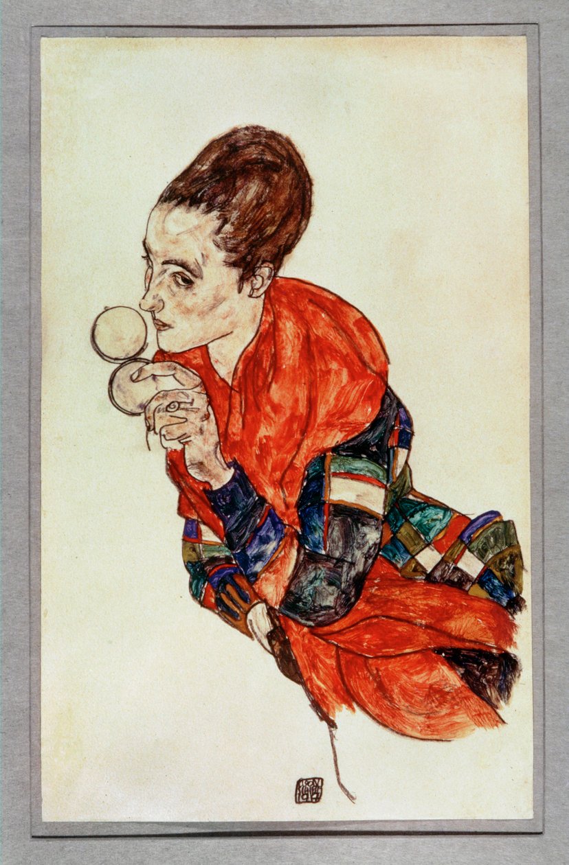 Porträtt av skådespelerskan Marga Boerner med puderdosa ... (gouache och svart krita) av Egon Schiele