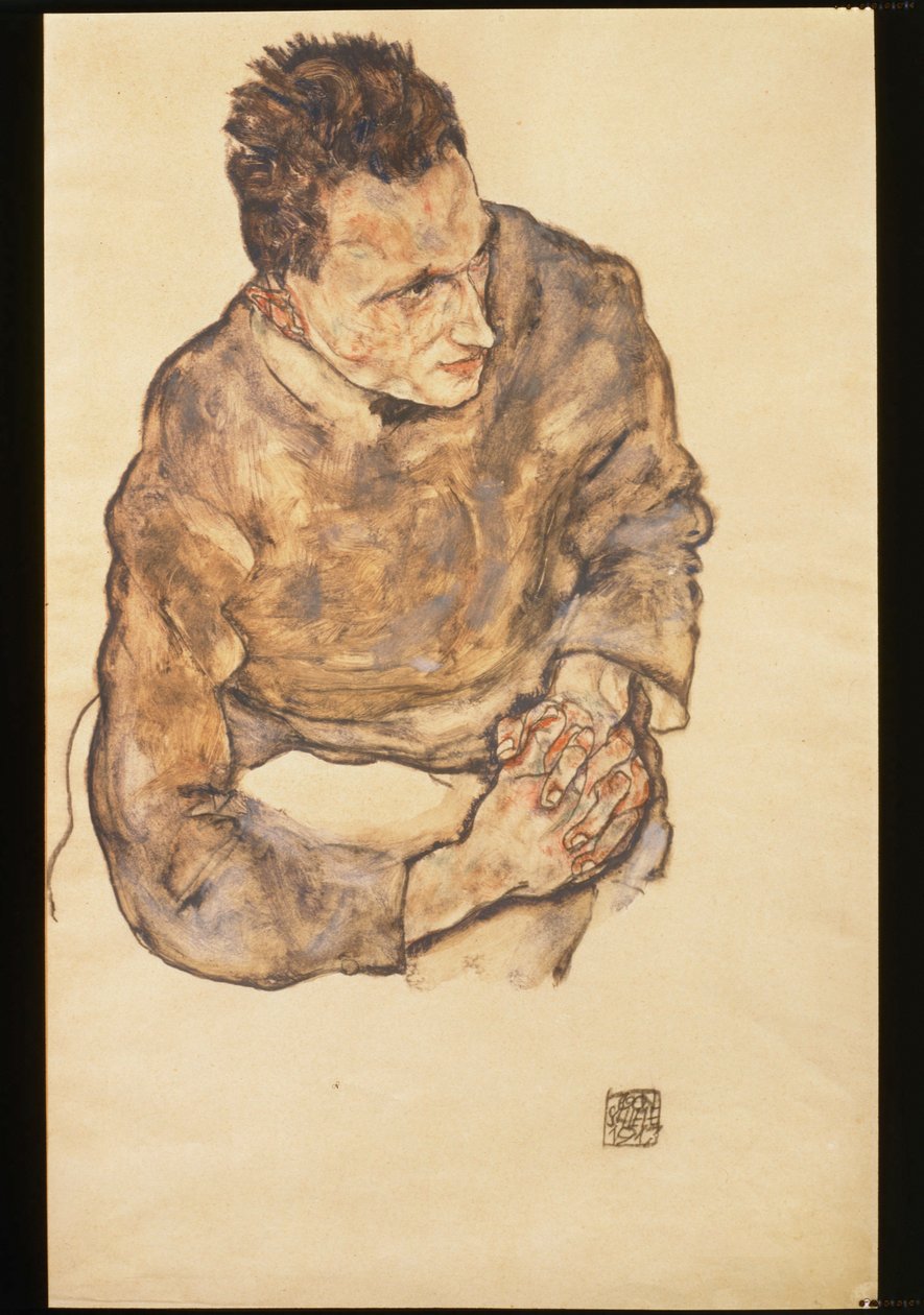 Porträtt av Karl Grünwald med knäppta händer ... (akvarell och svartkrita) av Egon Schiele