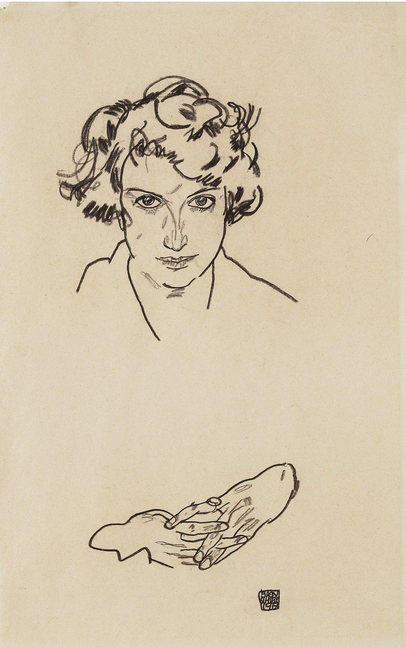 Portrait of a Girl, 1917 (svart krita på vävt papper) av Egon Schiele