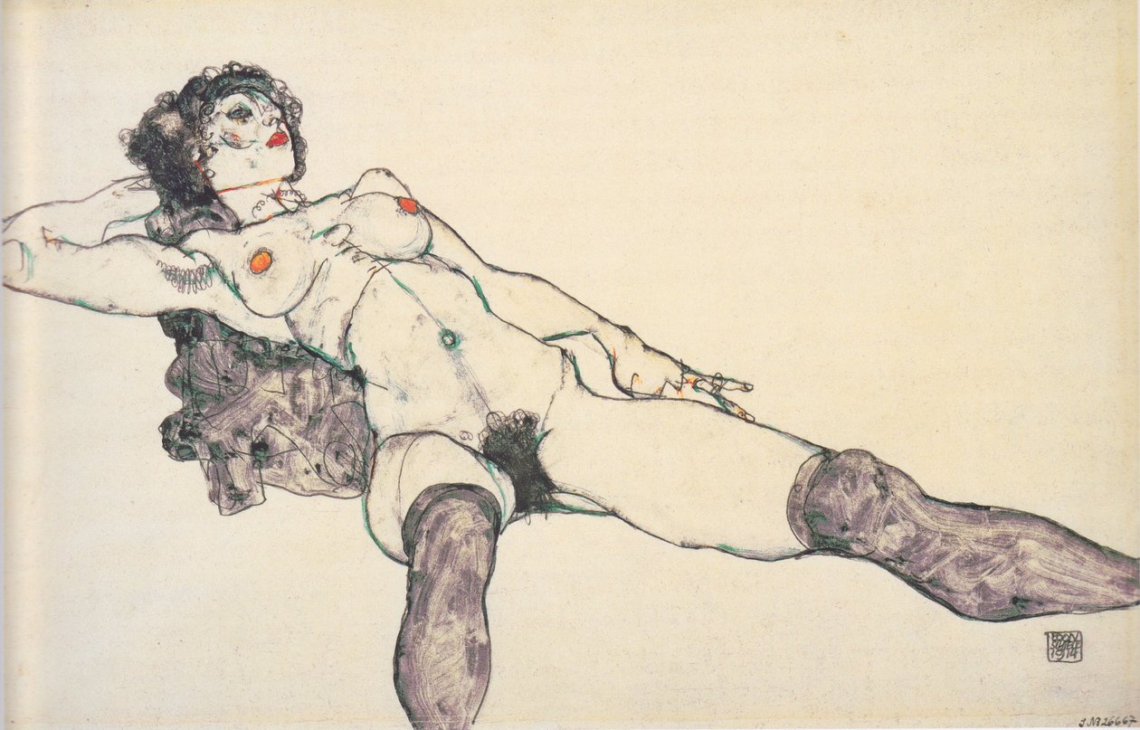 Tillbakalutad kvinnlig naken med utspridda ben, 1914 av Egon Schiele