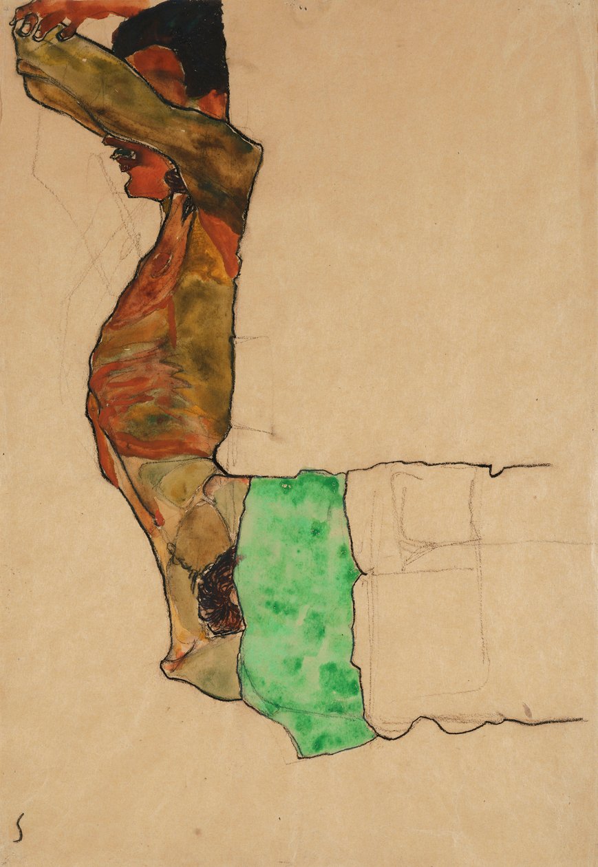 Liggande manlig naken med grönt tyg av Egon Schiele