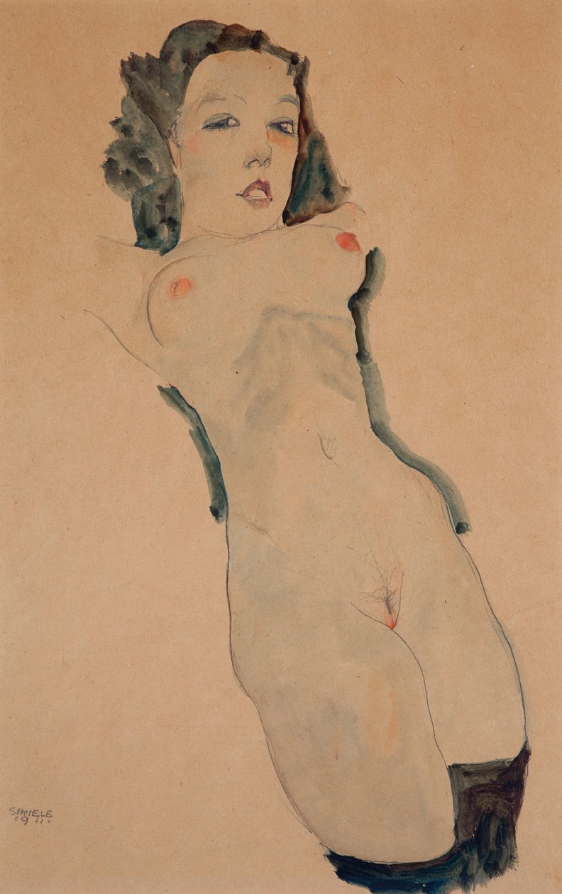 Liggande naken med svarta strumpor av Egon Schiele