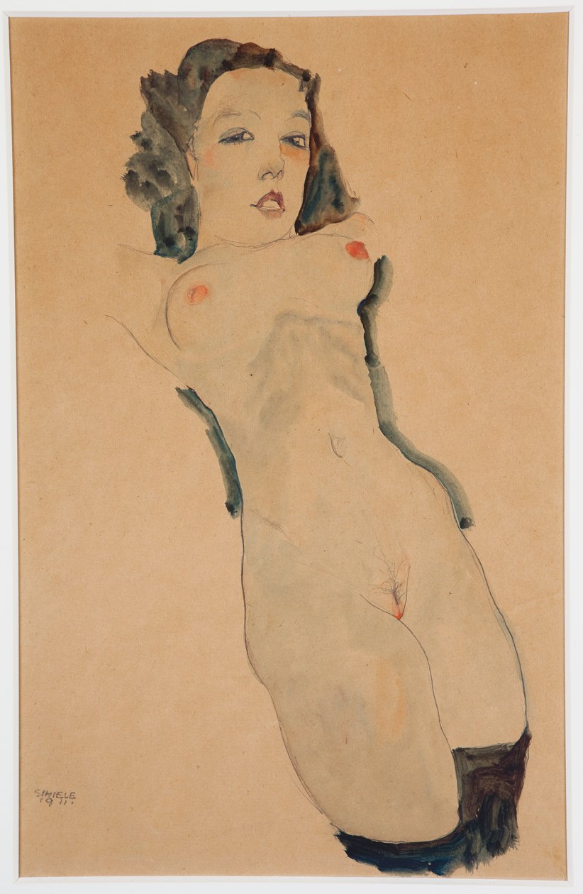 Liggande naken med svarta strumpor; Liggande naken med svarta strumpor, 1911 av Egon Schiele