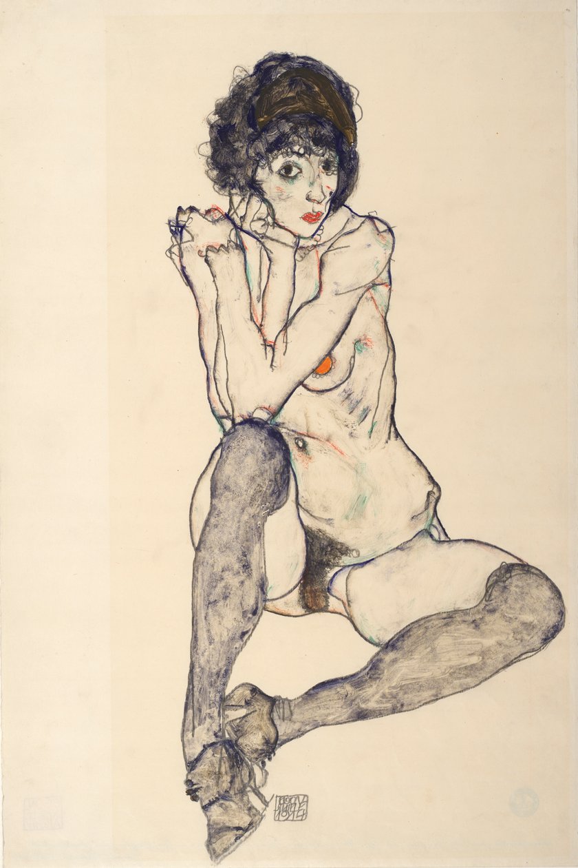 Sittande kvinna naken, armbågar vilande på höger knä, 1914. av Egon Schiele