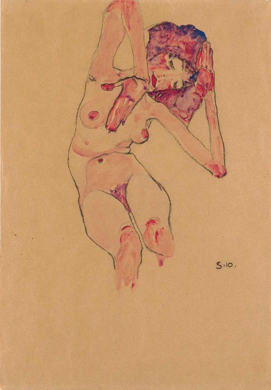 Sittande naken kvinna med böjt huvud och upphöjda armar; Sittande naken med böjt huvud och höjda armar, 1910 av Egon Schiele