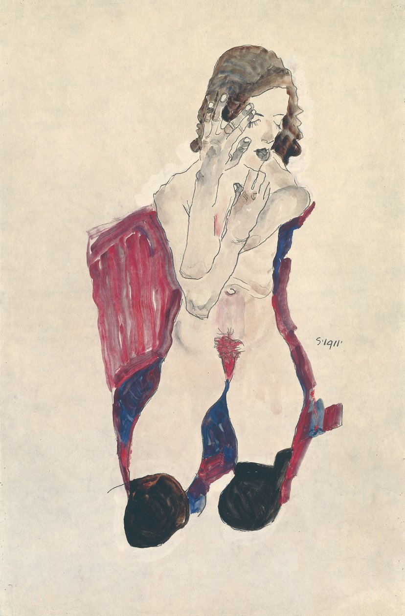 Sittande flicka med svarta strumpor och vikta händer; Sittande flicka med svarta strumpor och upphöjda händer, 1911 av Egon Schiele