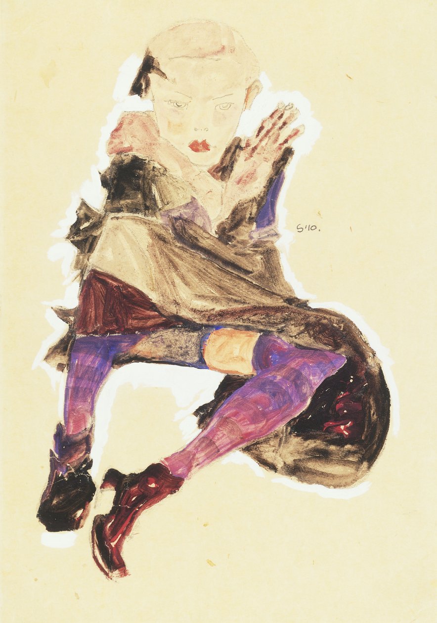 Sittande flicka med randiga strumpor; Sittande flicka med randiga strumpor, 1910 av Egon Schiele