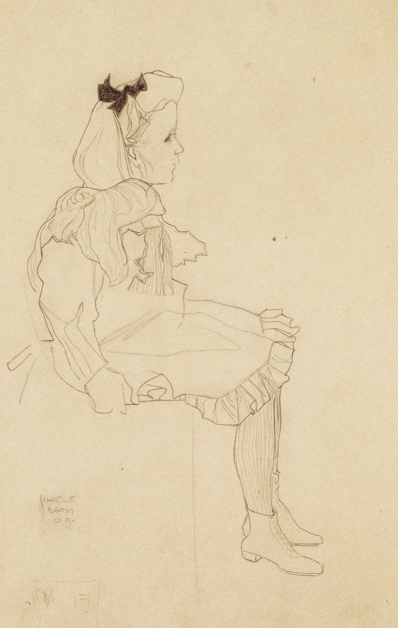 Sittande flicka med rosett i håret, 1909 av Egon Schiele
