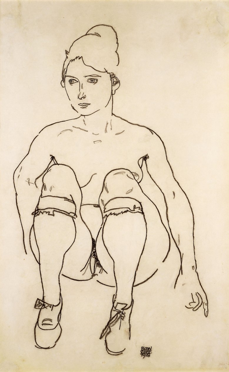Sittande naken med skor och strumpor; Sittande naken med skor och strumpor, 1918 av Egon Schiele