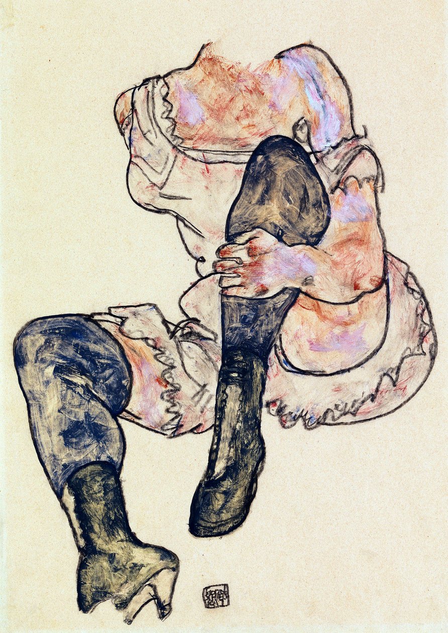 Sittande kvinna med böjt vänster ben (Torso) av Schiele, Egon (1890-1918), ca. 1917 - Gouache och pastell på papper, 43,2x29,9 - Privat samling av Egon Schiele