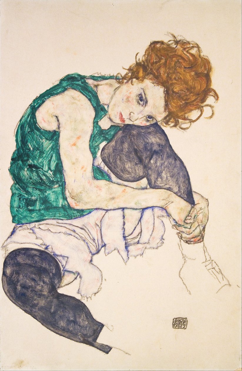 Sittande kvinna med uppdragna ben Adele Herms av Egon Schiele