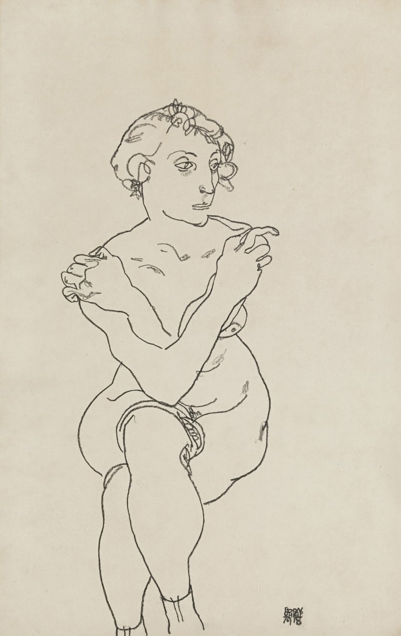 Sittande kvinna naken, armar och ben i kors, 1918 av Egon Schiele