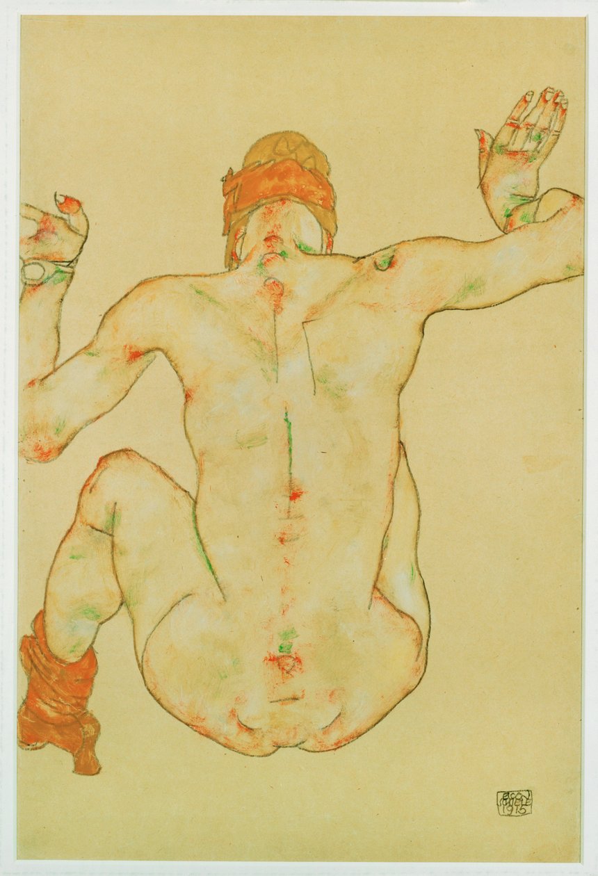 Sittande kvinnlig nakenbild, bakifrån (gouache, akvarell  blyerts) av Egon Schiele