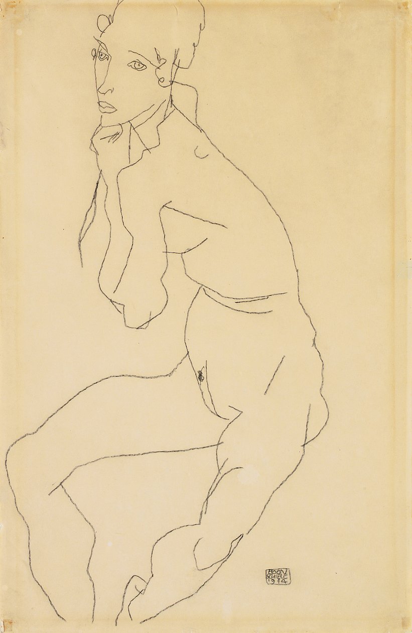 Sittande kvinnlig naken med handen på hakan, 1914 av Egon Schiele