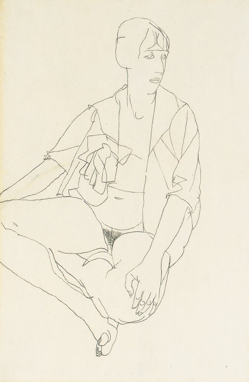 Sittande kvinnlig naken med öppen blus, 1913 av Egon Schiele