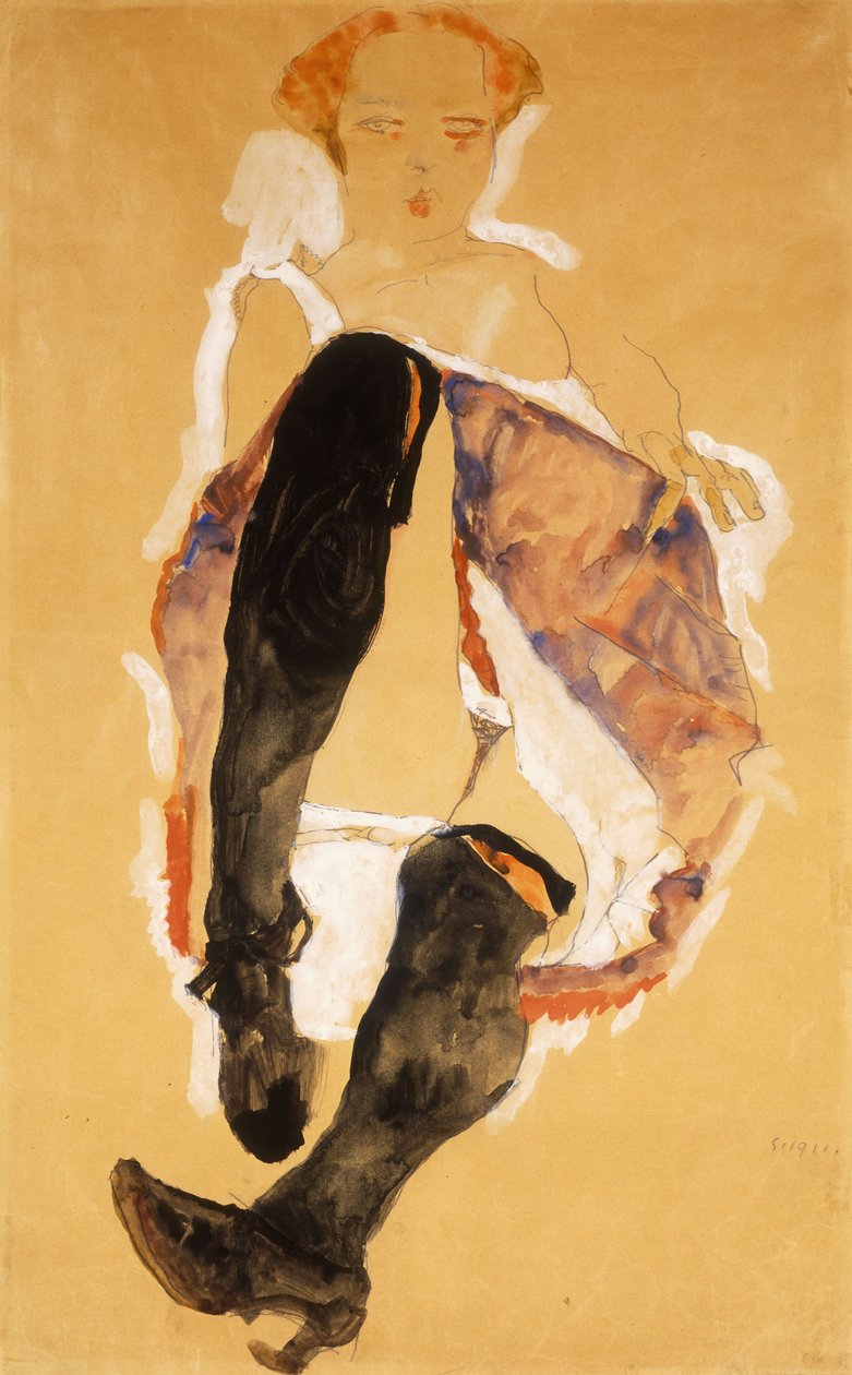 Sittande kvinna med svarta strumpor; Sittande flicka med svarta strumpor, 1911 av Egon Schiele