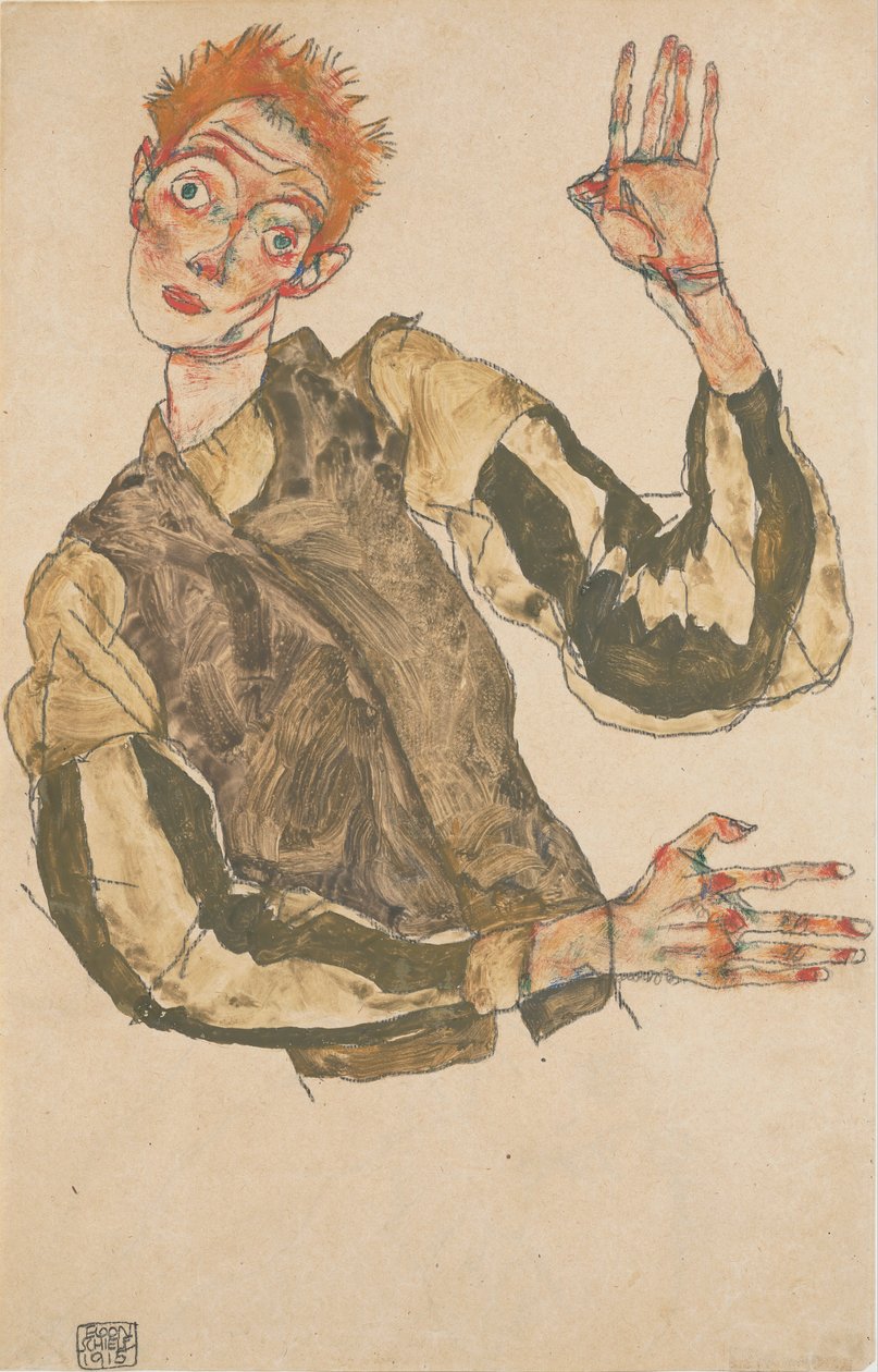 Självporträtt med randiga ärmskydd av Egon Schiele