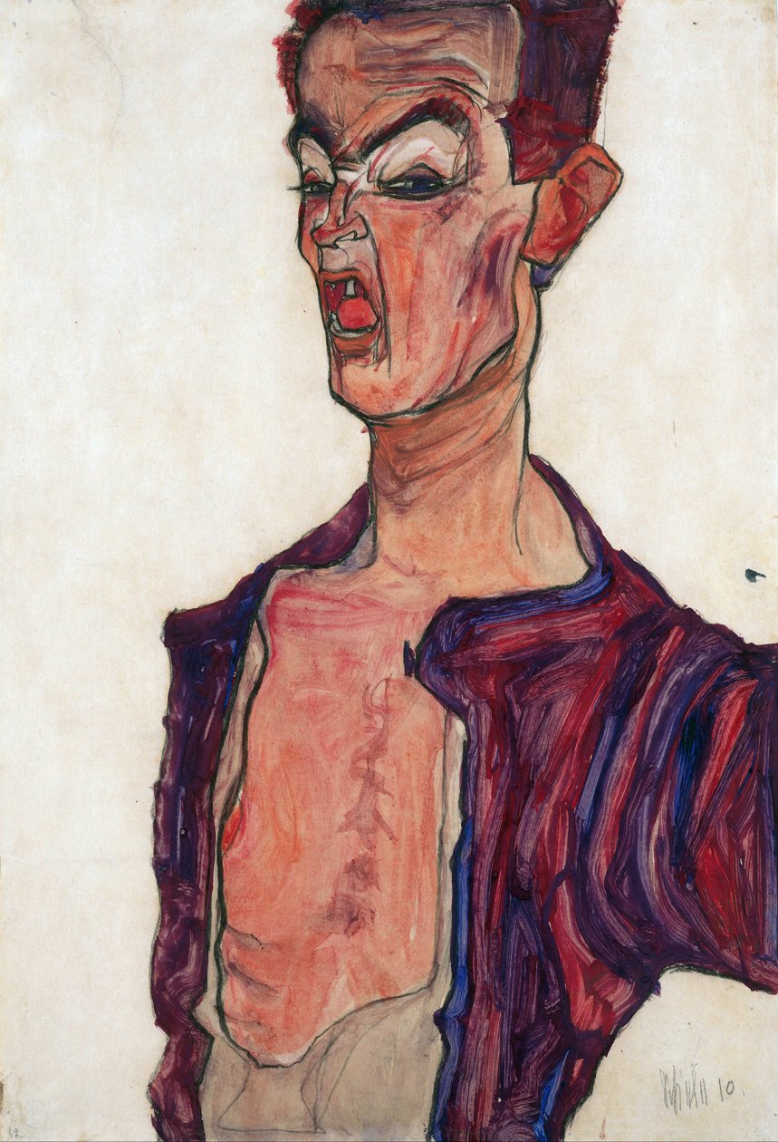 Självporträtt, Grimas - Schiele, Egon (1890-1918) - 1910 - Gouache på papper - 45,3x30,7 - Leopold Museum, Wien av Egon Schiele