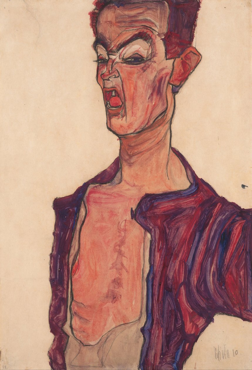 Självporträtt, Grimas, 1910 av Egon Schiele