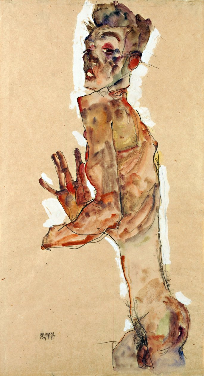 Självporträtt med spridda fingrar - Schiele, Egon (1890-1918) - 1911 - Svart krita, Gouache på papper - 52,5x28 - Leopold Museum, Wien av Egon Schiele