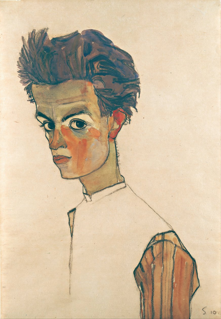 Självporträtt med randig skjorta, 1910 (grafit & wc på papper) av Egon Schiele