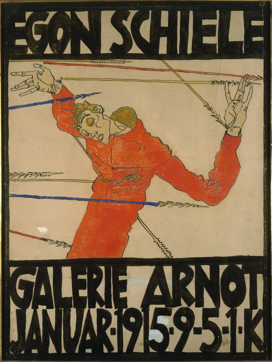 Självporträtt som Saint Sebastian, affischdesign för am-utställningen på Galerie Arnot, 1914 (gouache, svart krita och bläck på kartong) av Egon Schiele