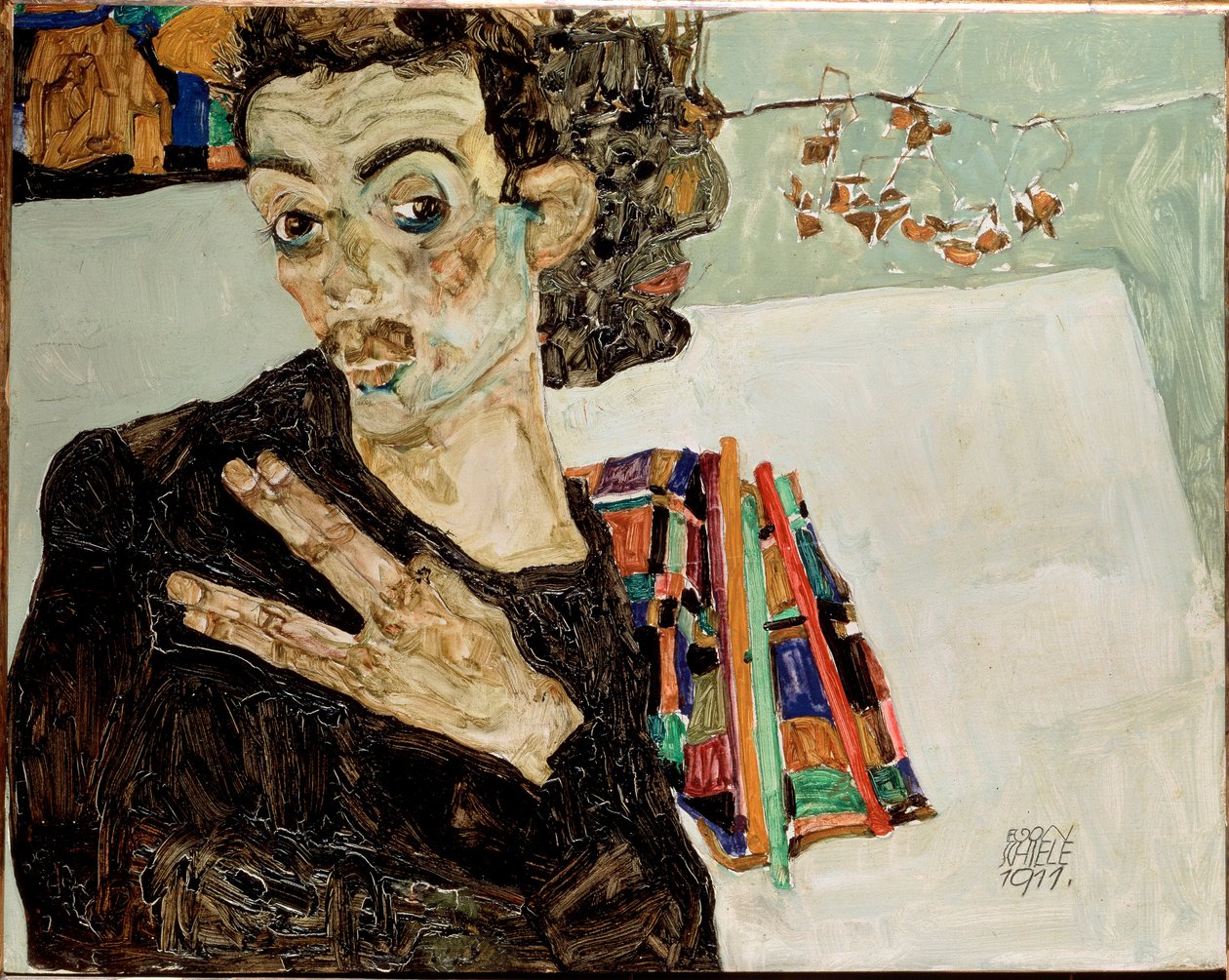 Självporträtt med isär fingrar. Målning av Egon Schiele av Egon Schiele