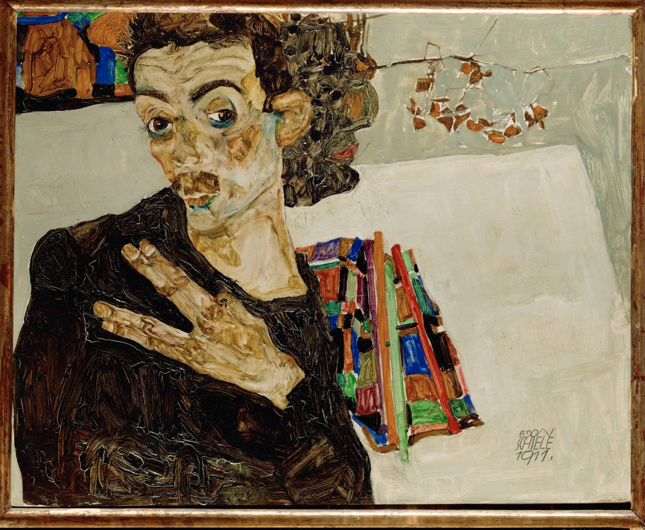 Självporträtt med utsträckta fingrar av Egon Schiele