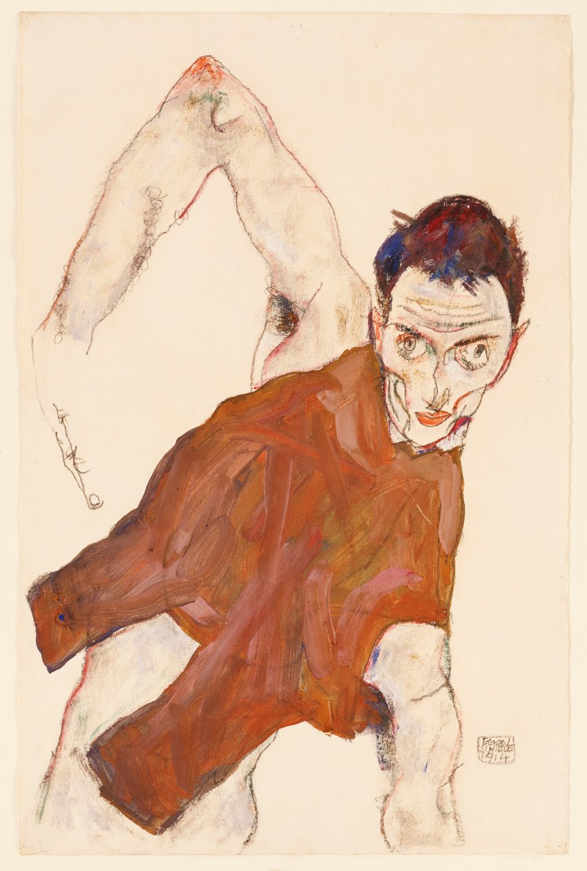Självporträtt i en ryck med höger armbåge upphöjd, 1914 av Egon Schiele