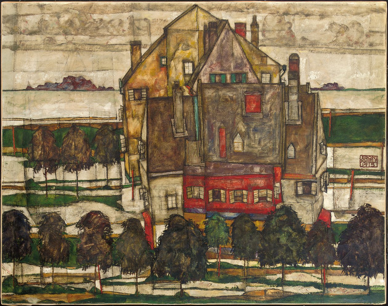 Enstaka hus (hus med berg) 1915 (olja på duk) av Egon Schiele