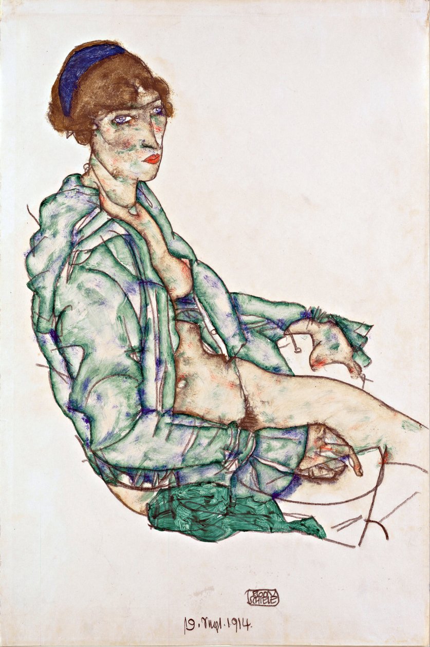 Sitter halvnaken med blått hårband - Schiele, Egon (1890-1918) - 1914 - Svart krita, Gouache på papper - 47,4x31,3 - Leopold Museum, Wien av Egon Schiele